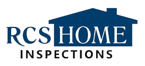 RCS Home Inspection logo. Blue serif font with the word "HOME" imposed inside the shape of a blue house.